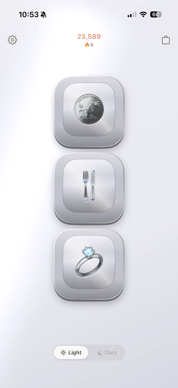 Keyz polished silver metal keycaps embossed with a coin, cutlery, and a diamond ring
